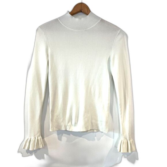 COS Beige Ivory Knit Mock Neck Sweater Ruffle Sleeves Ribbed Small - Picture 3 of 7